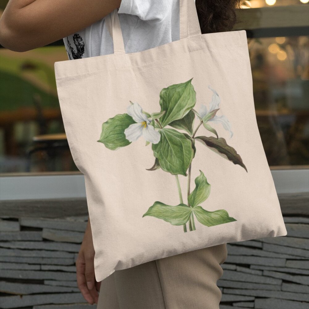 Great White Trillium Vintage Watercolor Floral Print Graphic Canvas Tote Bag